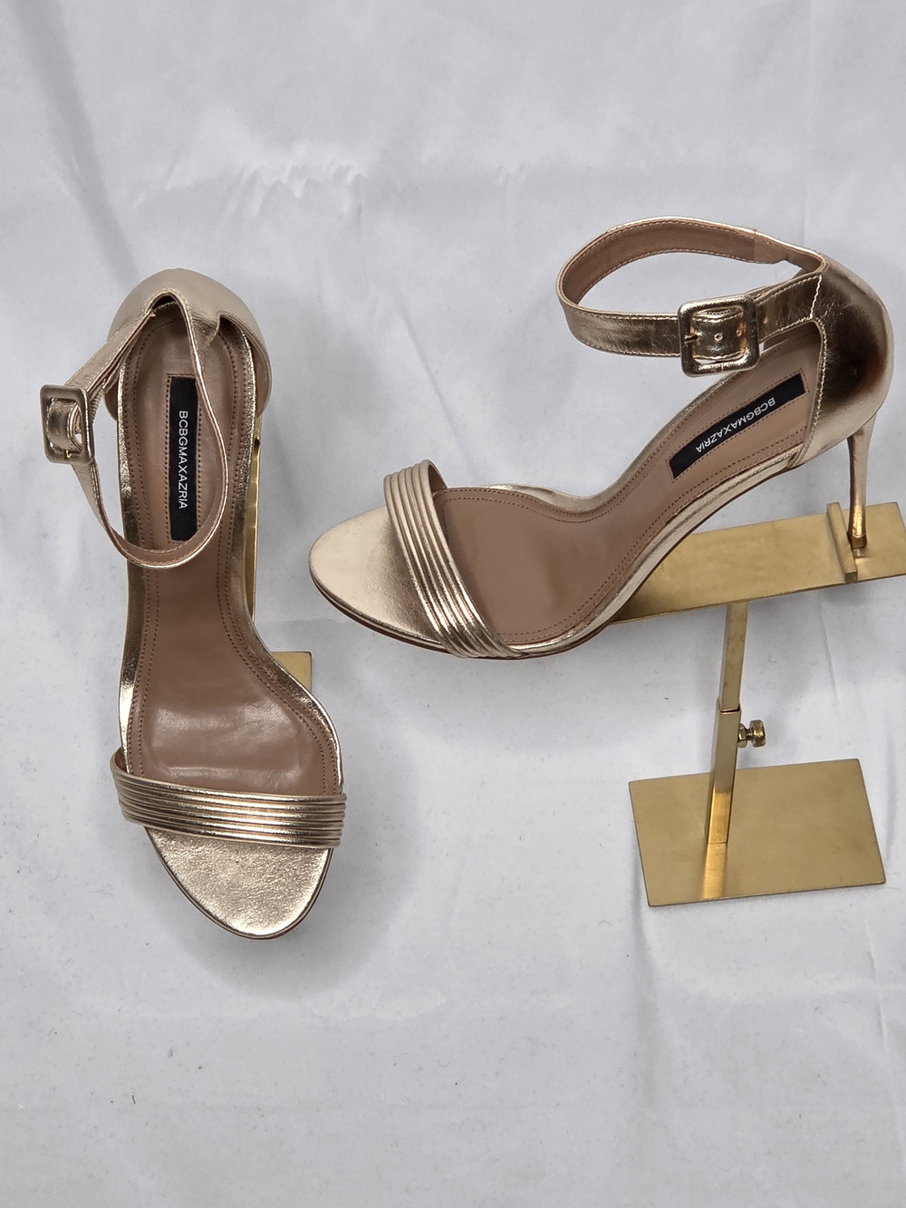 BCBGMAXAZRIA Metic Gold Ankle-Strap Stiletto Sandals Size 11